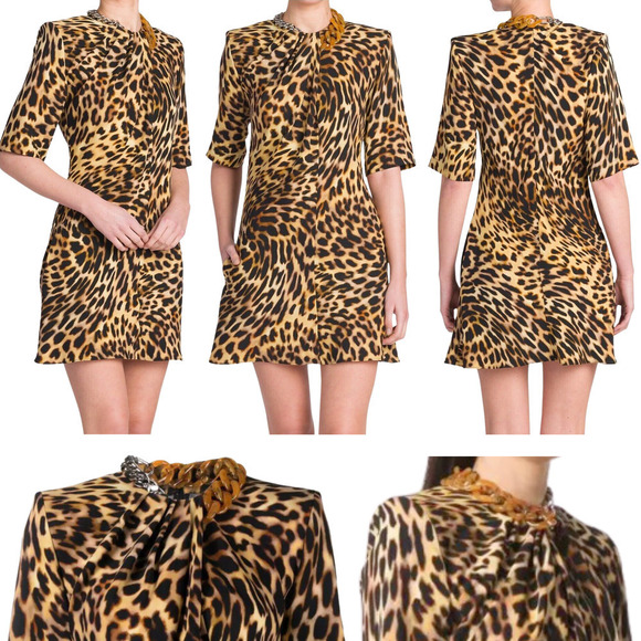 Stella McCartney NWT Chain-Embellished Leopard Print Draped Falabella Dress S - Picture 2 of 16